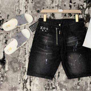 Quần short jean nam cao cấp thêu logo khóa kéo