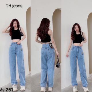 Quần jeans nữ lưng cao ống suông thêu