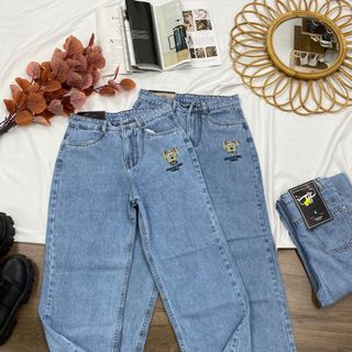 Quần jeans nữ lưng cao ống suông thêu