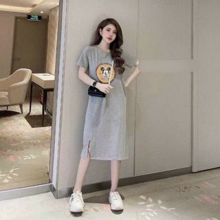Đầm suông chất cotton in hình đơn giản tay ngắn chiều dài váy đến bắp chân form basic dễ mặc