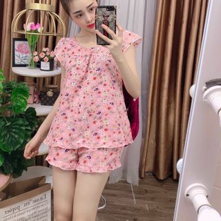 Bộ tiểu thư mặc nhà chất lụa satin mềm mịn áo tay lỡ quần đùi họa tiết hoa dễ thương