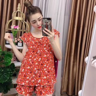 Bộ tiểu thư mặc nhà chất lụa satin mềm mịn áo tay lỡ quần đùi họa tiết hoa dễ thương
