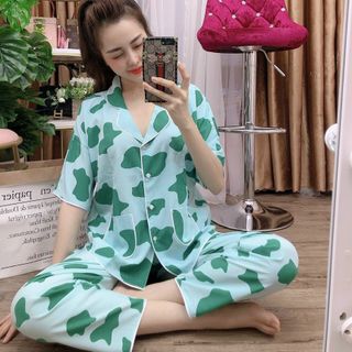 Bộ tiểu thư mặc nhà chất lụa mềm mịn áo tay lỡ quần dài họa tiết bò sữa xinh xắn
