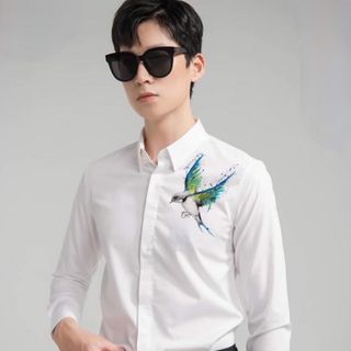 ÁO SƠ MI IN THÊU TAY DÀI IN HÌNH CHIM XANH