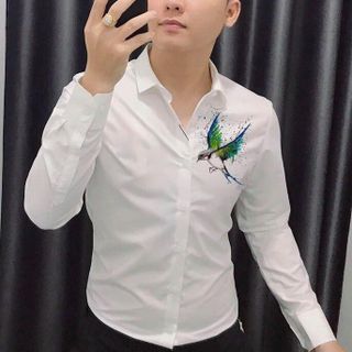 ÁO SƠ MI IN THÊU TAY DÀI IN HÌNH CHIM XANH