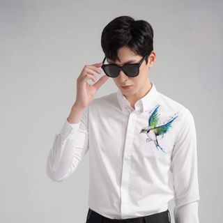 ÁO SƠ MI IN THÊU TAY DÀI IN HÌNH CHIM XANH