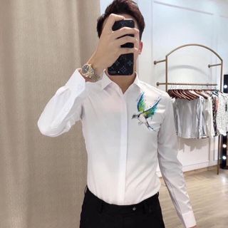 ÁO SƠ MI IN THÊU TAY DÀI IN HÌNH CHIM XANH