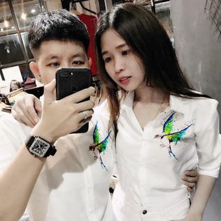 ÁO SƠ MI IN THÊU TAY DÀI IN HÌNH CHIM XANH