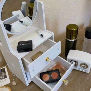 Kệ mỹ phẩm mèo 2 ngăn kéo - Kệ để đồ trang điểm kèm gương tai mèo
