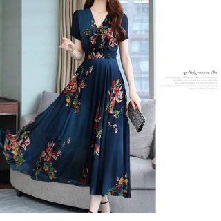 ĐẦM XÒE HỌA TIẾT HOA CỔ V CHẤT LIỆU LỤA CAO CẤP SANG CHẢNH QUÝ PHÁI