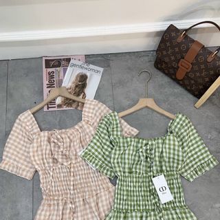 Váy/ đầm caro chun eo nữ tính tay phồng đáng yêu
