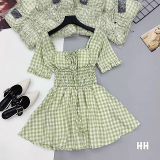 Váy/ đầm caro chun eo nữ tính tay phồng đáng yêu