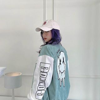 Áo khoác nhung kiểu bomber logo in chữ G, logo thêu toàn thân sắc nét