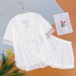 Bộ mặc nhà đùi pijama cổ viền ren lụa QC giá sỉ