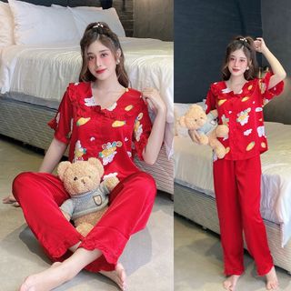 Đồ bộ pijama satin áo ngắn tay quần dài hình gấu freesize 45- 58kg nhiều màu B500 giá sỉ