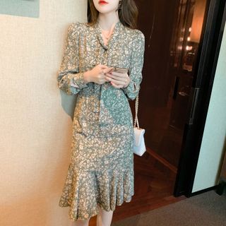 Váy hoa dáng Suông cổ thắt nơ V2693 - Váy đầm đẹp dự tiệc Vergine Fashion kèm ảnh thật