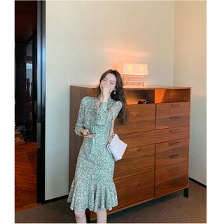 Váy hoa dáng Suông cổ thắt nơ V2693 - Váy đầm đẹp dự tiệc Vergine Fashion kèm ảnh thật