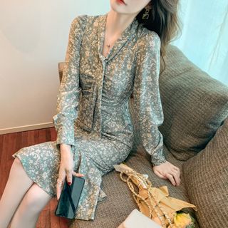 Váy hoa dáng Suông cổ thắt nơ V2693 - Váy đầm đẹp dự tiệc Vergine Fashion kèm ảnh thật