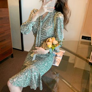 Váy hoa dáng Suông cổ thắt nơ V2693 - Váy đầm đẹp dự tiệc Vergine Fashion kèm ảnh thật