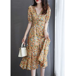 Váy hoa nhí dáng xòe chiết eo tay bông V2620 - Váy đầm đẹp dự tiệc Vergine Fashion (Kèm ảnh thật)