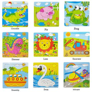 Tranh Ghép Gỗ 9 Miếng Chủ Đề Động Vật Và Phương Tiện Giao Thông