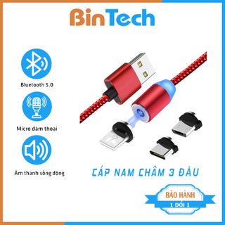 Dây sạc iphone, cáp sạc điện thoại nam châm 3 đầu Iphone | micro USB | Type C Xoay 360 Độ Dây Dù Có LED Cao Cấp-BINTECH giá sỉ