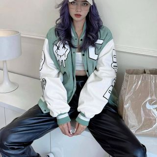 Áo khoác nhung kiểu bomber logo in chữ G, logo thêu toàn thân sắc nét