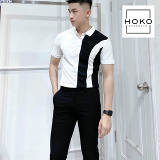 THUN PHỐI MÀU TRẮNG ĐEN NAM CỔ TRỤ TAY NGẮN