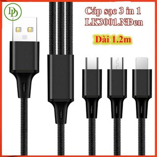 Dây sạc 3 đầu hàng cao cấp, -dây dù chống hư dây, sạc nhanh LK3002