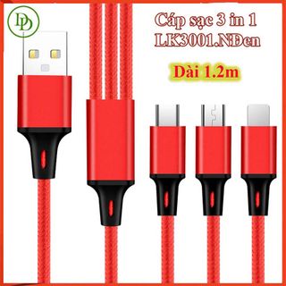 Dây sạc 3 đầu hàng cao cấp, -dây dù chống hư dây, sạc nhanh LK3002