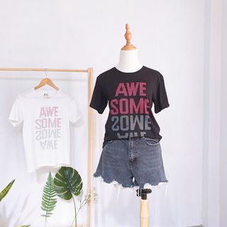 Áo phông nữ in chữ Awsome cách điệu độc đáo chất thun cotton đơn giản dễ mặc mẫu áo thun bán chạy