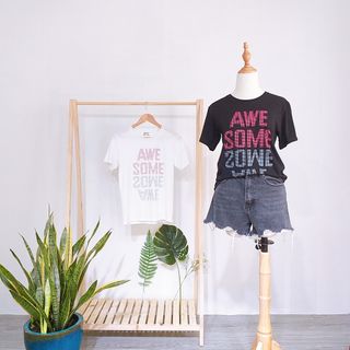 Áo phông nữ in chữ Awsome cách điệu độc đáo chất thun cotton đơn giản dễ mặc mẫu áo thun bán chạy