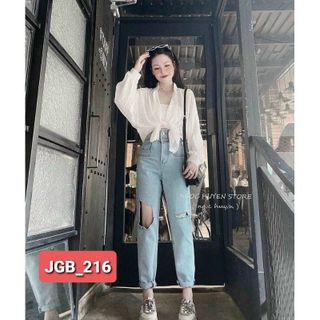 Quần Jean Baggy Nữ 2 Nút Kiểu Rách Gối Cá Tính Năng Động 2 Màu Xanh - Đen