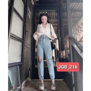 Quần Jean Baggy Nữ 2 Nút Kiểu Rách Gối Cá Tính Năng Động 2 Màu Xanh - Đen