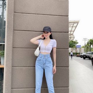 Quần Jean Baggy Nữ Màu Xanh Nhạt Lưng Cao 4 Nút Trẻ Trung Năng Động