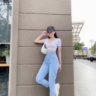 Quần Jean Baggy Nữ Màu Xanh Nhạt Lưng Cao 4 Nút Trẻ Trung Năng Động