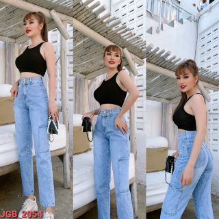 Quần Jean Baggy Nữ Kiểu Túi Đắp To Lưng Cao Trẻ Trung Cá Tính