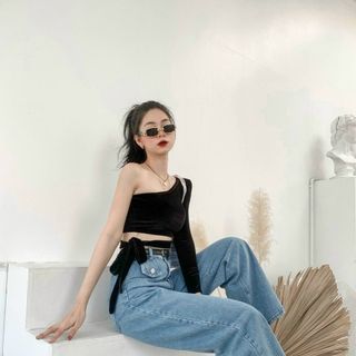 Quần Jean Baggy Nữ Kiểu Ống Suông có Nắp Túi