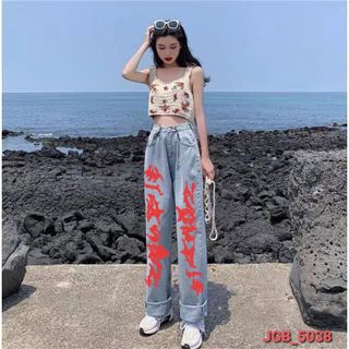 Quần Jean Baggy Nữ Kiểu Ống Suông Đai Móc Khóa in Chữ Siêu HOT sàn