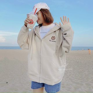 Áo khoác chống nắng thun nỉ, nón 2 lớp logo thêu gấu BROWN