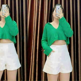 Áo croptop cổ V thun gân tay dài mẫu bán chạy