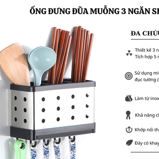 Đựng Đũa Muỗng Inox 304 3 Ngăn SENNAI Có Khay Hứng Nước