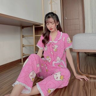 Đồ bộ mặc nhà tiểu thư cổ bèo áo ngắn tay quần dài chất lụa thoáng mát