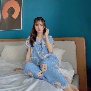 Đồ bộ mặc nhà tiểu thư cổ bèo áo ngắn tay quần dài chất lụa thoáng mát