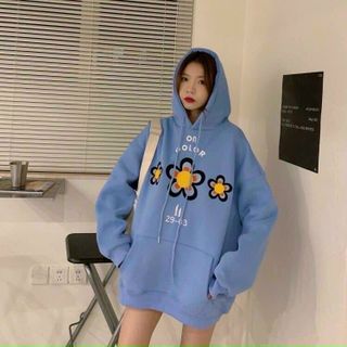 Áo Hoodie logo in nổi bông hoa form dưới 70kg thun nỉ ngoại mềm mịn