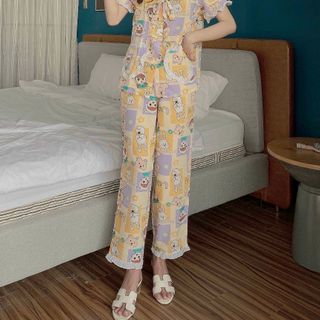 Đồ bộ mặc nhà tiểu thư cổ bèo áo ngắn tay quần dài chất lụa thoáng mát, mề mịn