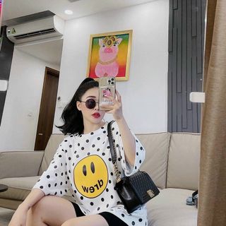 Đồ bộ mặc nhà in mặt cười chấm bi thun cotton co giãn thoáng mát