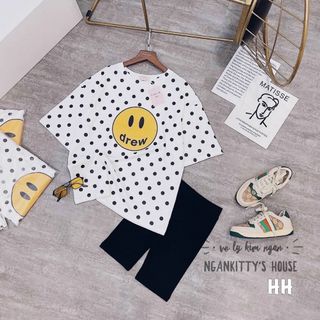 Đồ bộ mặc nhà in mặt cười chấm bi thun cotton co giãn thoáng mát