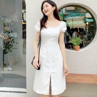 Đầm trắng xẻ tà tay ngắn cổ vuông dáng suông ôm, lịch sự trang trọng, Đầm dự tiệc, Đầm công sở - MiNhi