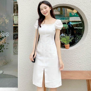 Đầm trắng xẻ tà tay ngắn cổ vuông dáng suông ôm, lịch sự trang trọng, Đầm dự tiệc, Đầm công sở - MiNhi